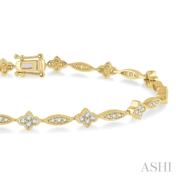 1 1/10 ctw Marquise and Floral Link Diamond Bracelet in 10K Yellow Gold