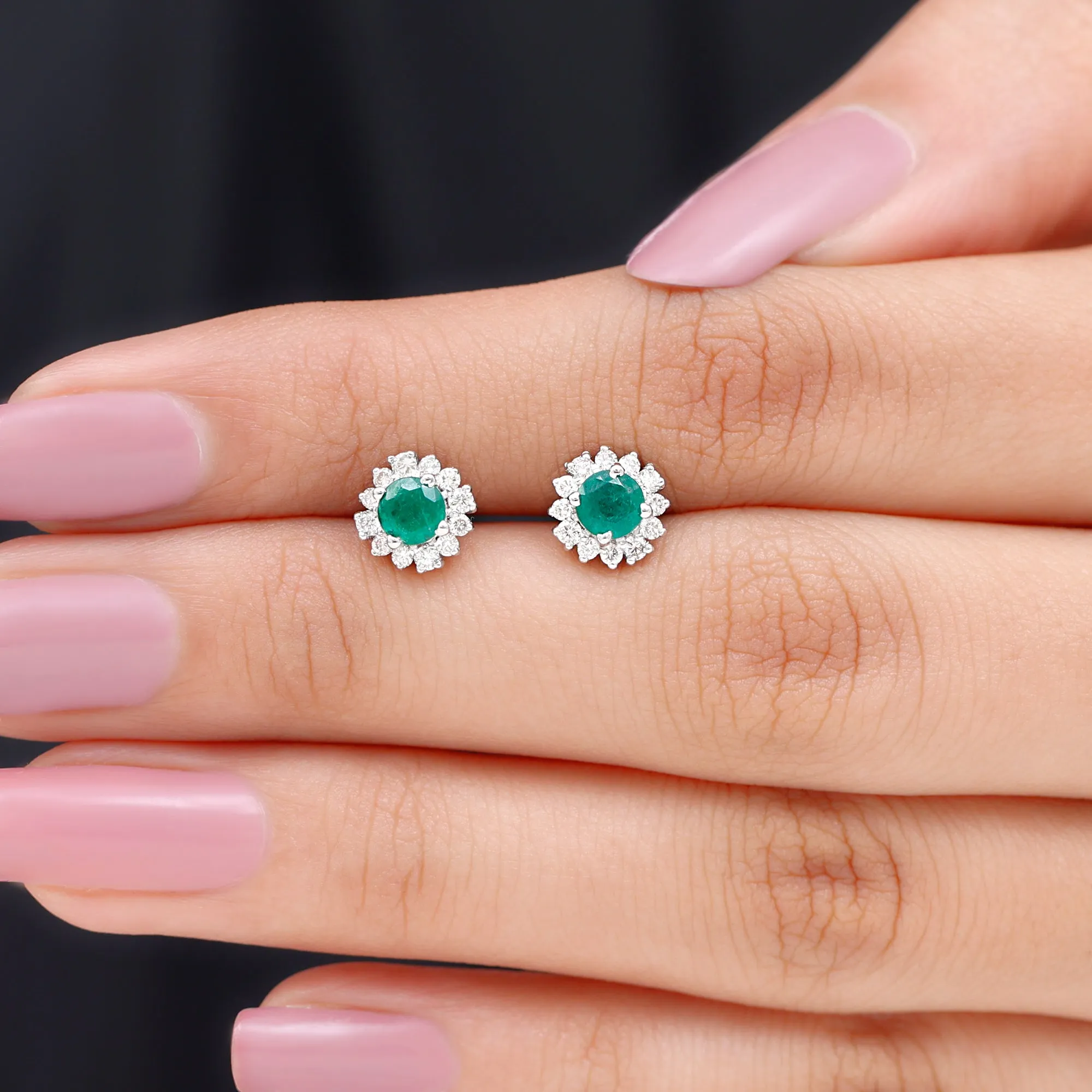 1 CT Classic Emerald Stud Earrings with Diamond Accent