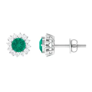 1 CT Classic Emerald Stud Earrings with Diamond Accent