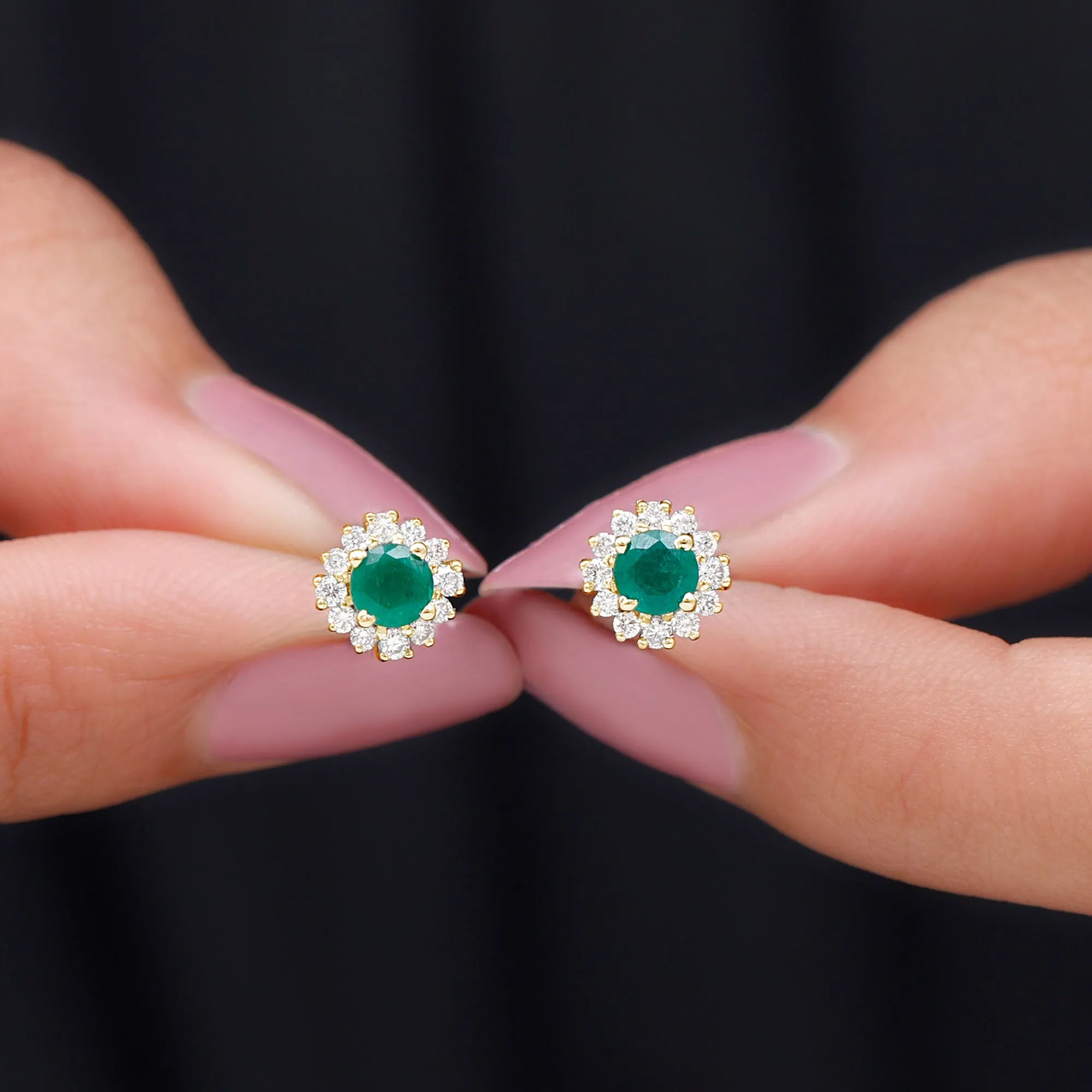 1 CT Classic Emerald Stud Earrings with Diamond Accent