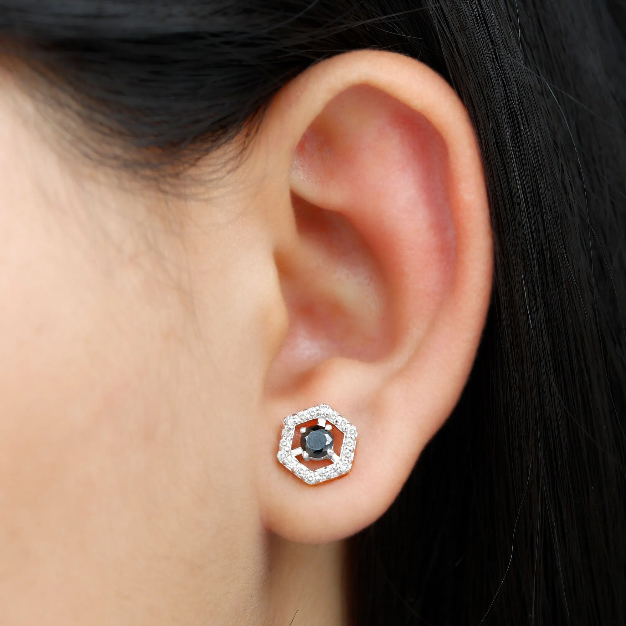 1 CT Minimal Black Spinel and Diamond Geometric Stud Earrings