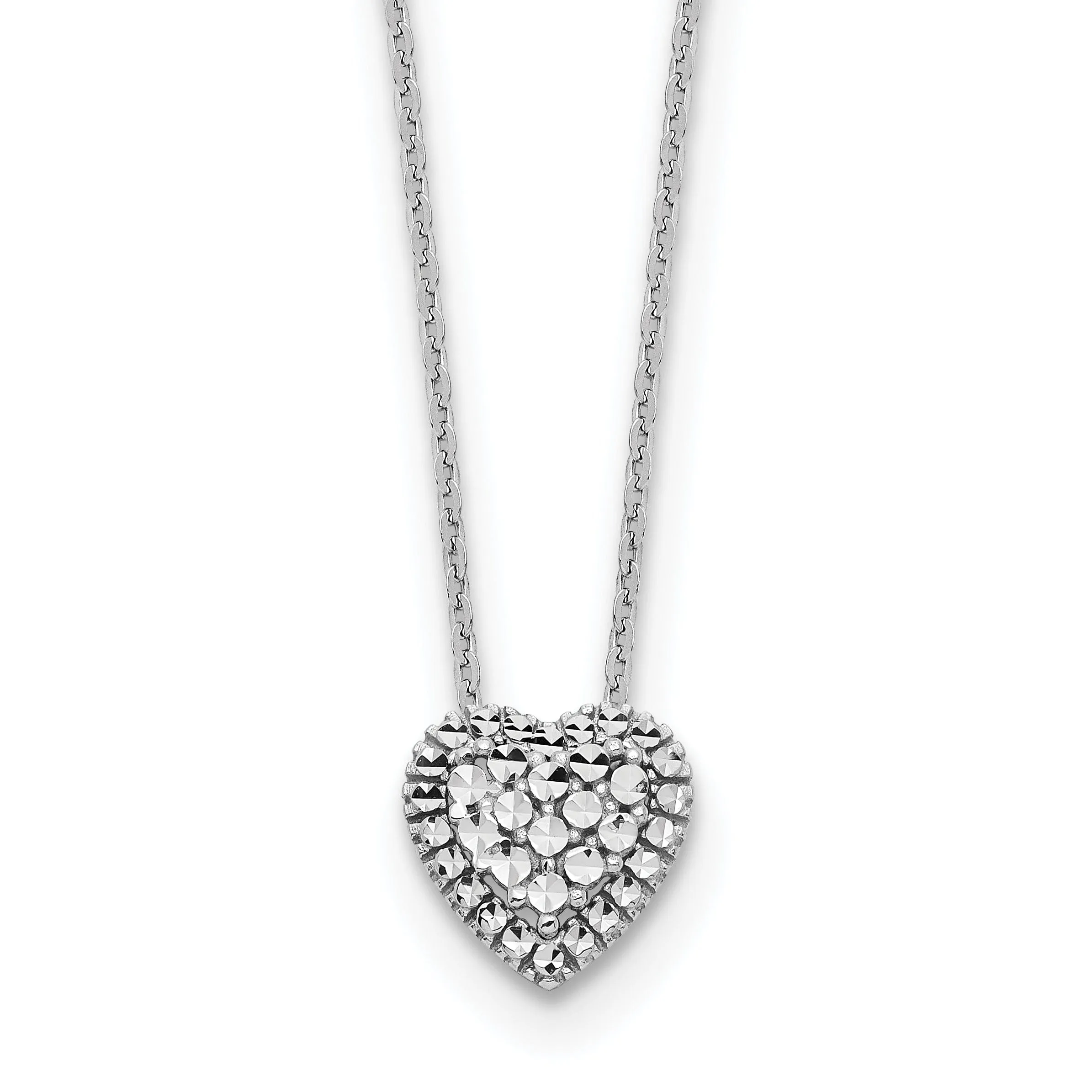 14k White Gold Polished Diamond Cut Finish Fancy Design Heart Slide Pendant in a 18-inch Cable Chain Necklace Set