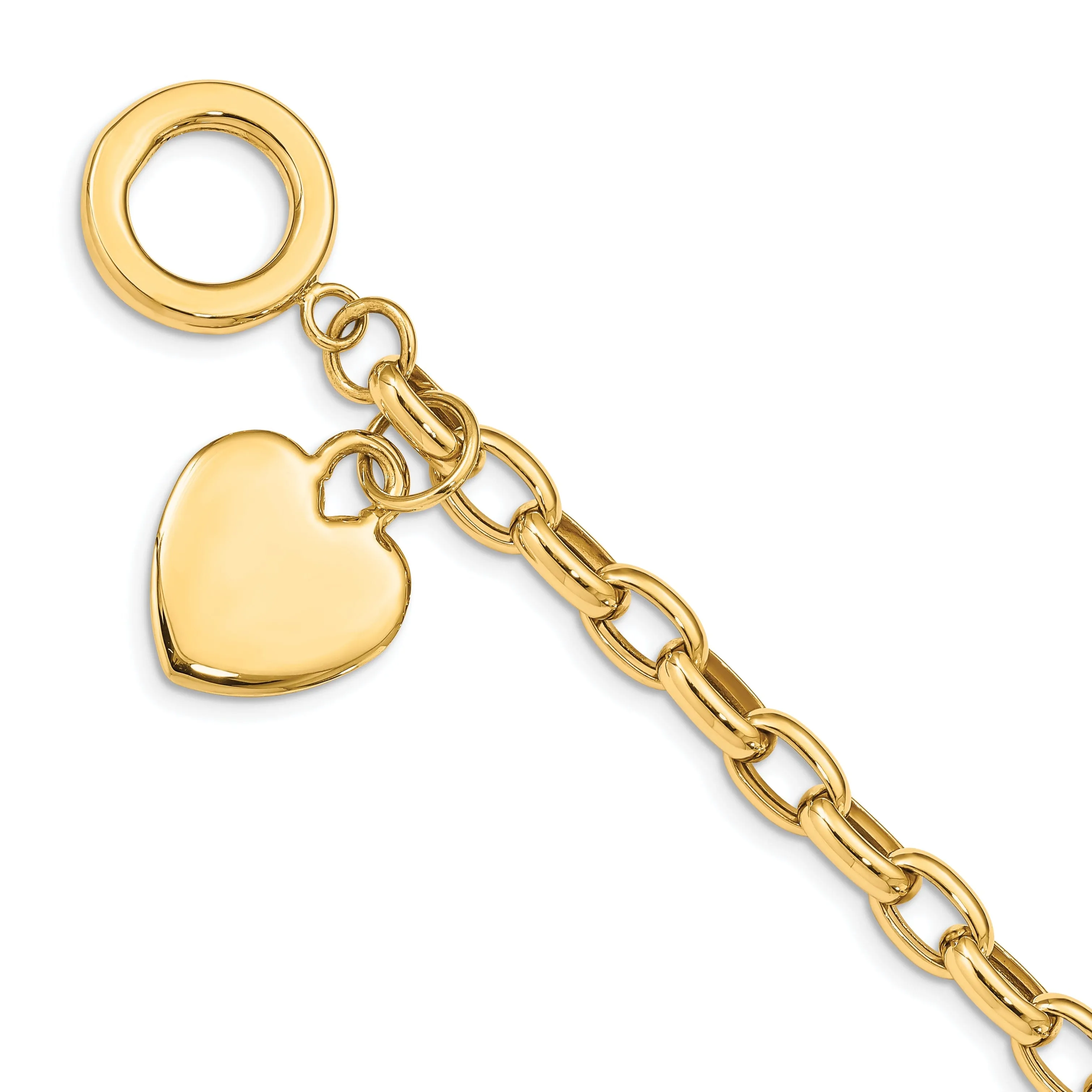 14k yellow gold link bracelet with dangle heart charm 7.5-inch length