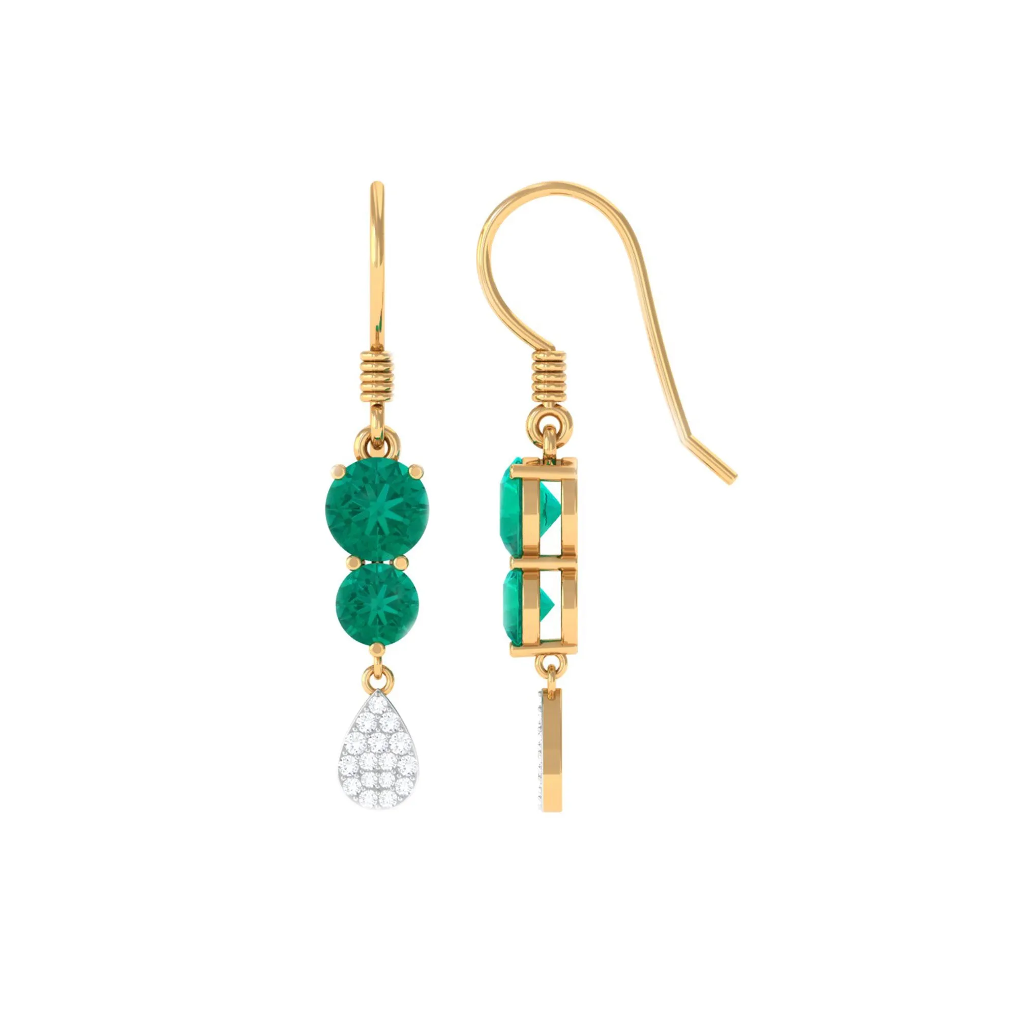 1.75 CT Round Emerald and Diamond Minimal Drop Dangle Earrings