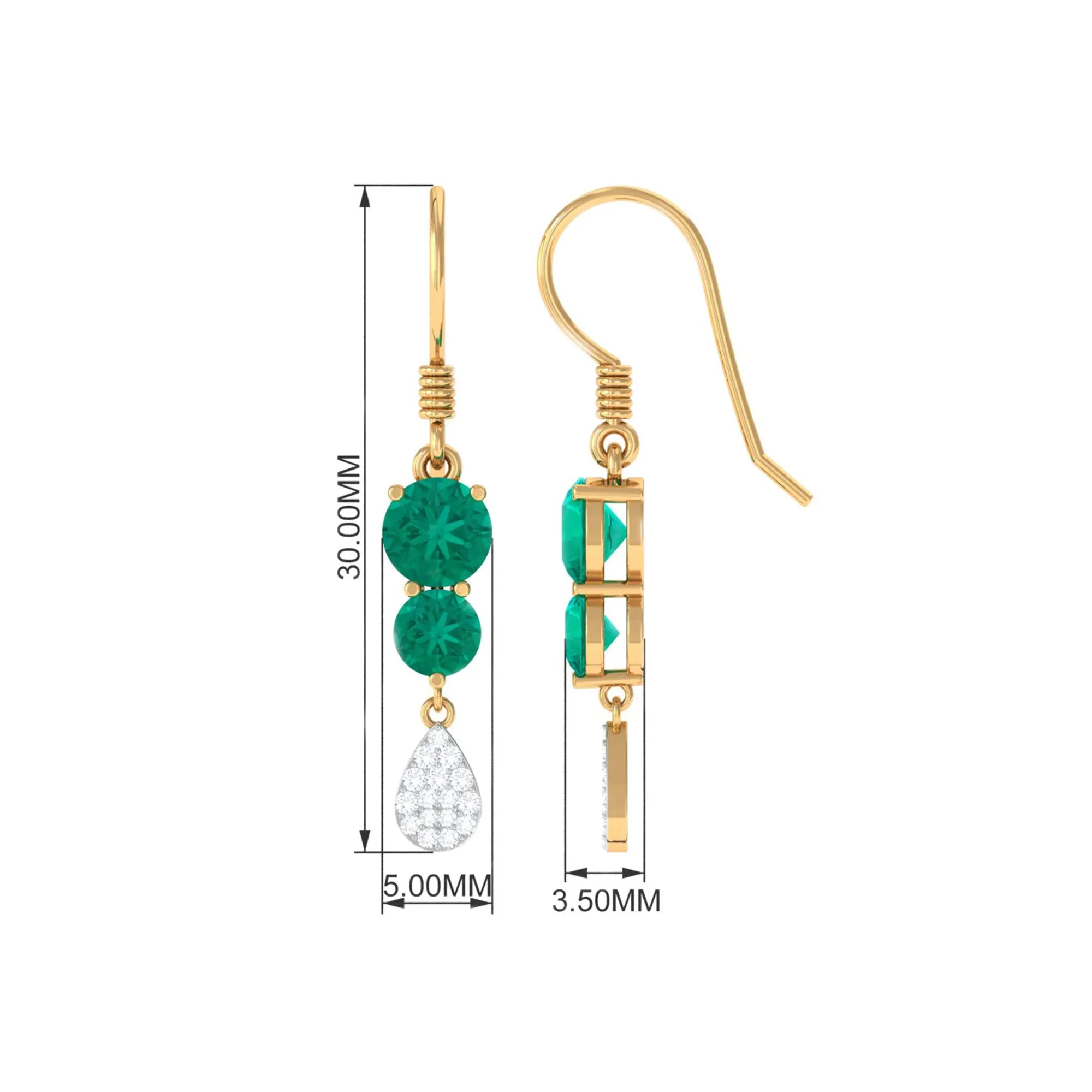 1.75 CT Round Emerald and Diamond Minimal Drop Dangle Earrings