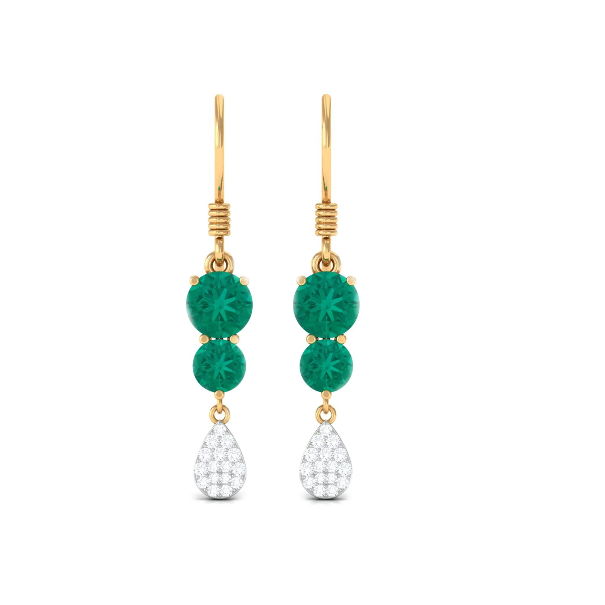 1.75 CT Round Emerald and Diamond Minimal Drop Dangle Earrings