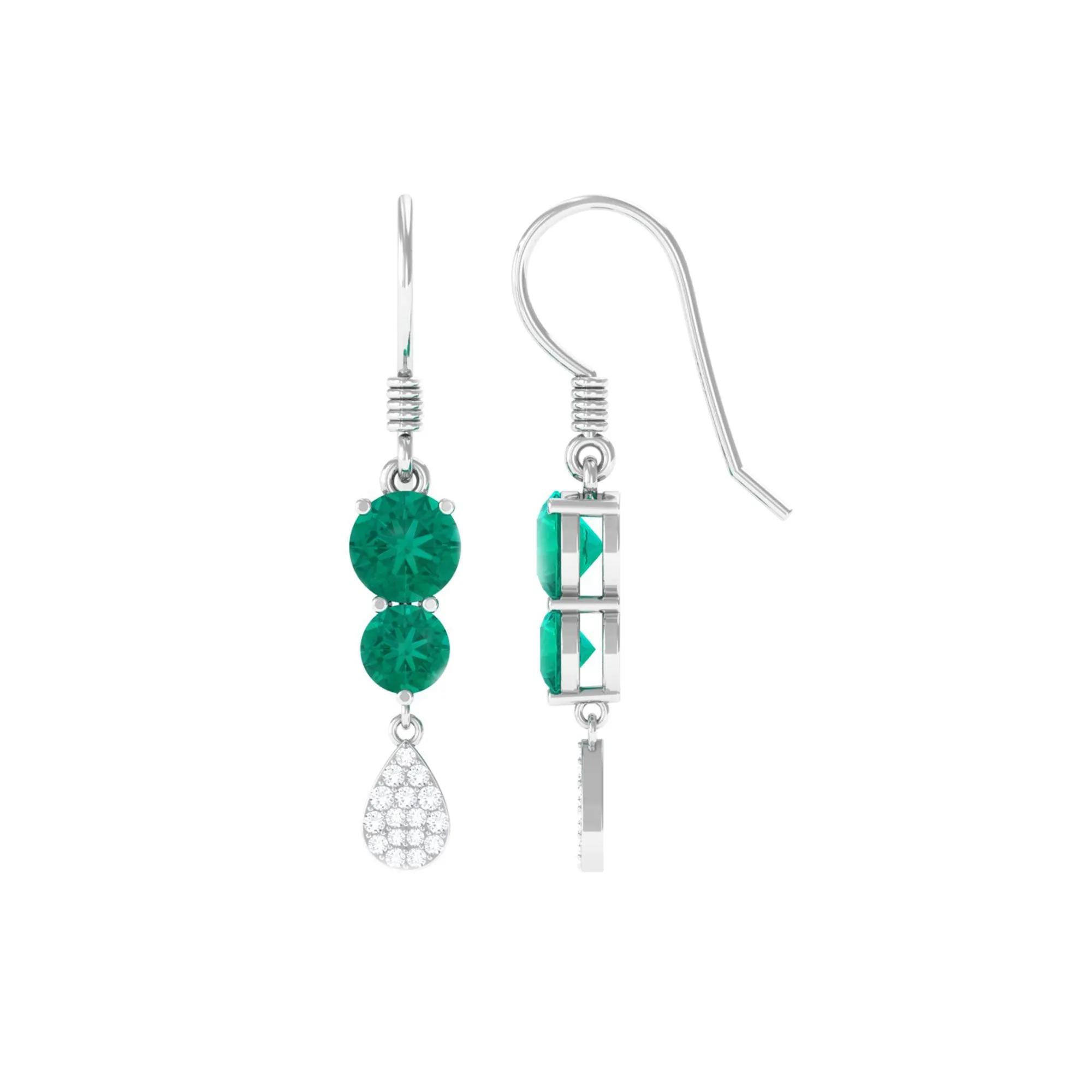 1.75 CT Round Emerald and Diamond Minimal Drop Dangle Earrings