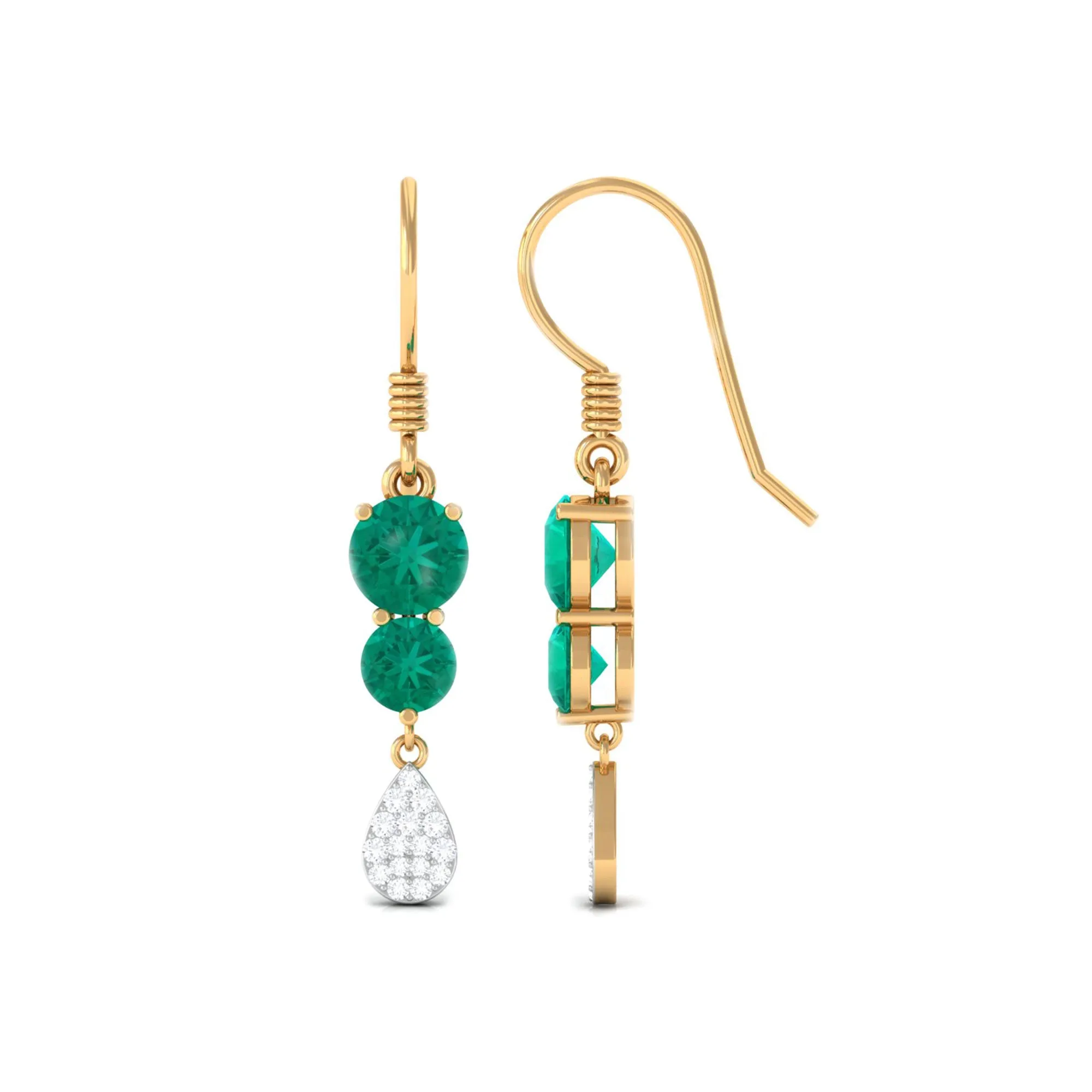 1.75 CT Round Emerald and Diamond Minimal Drop Dangle Earrings