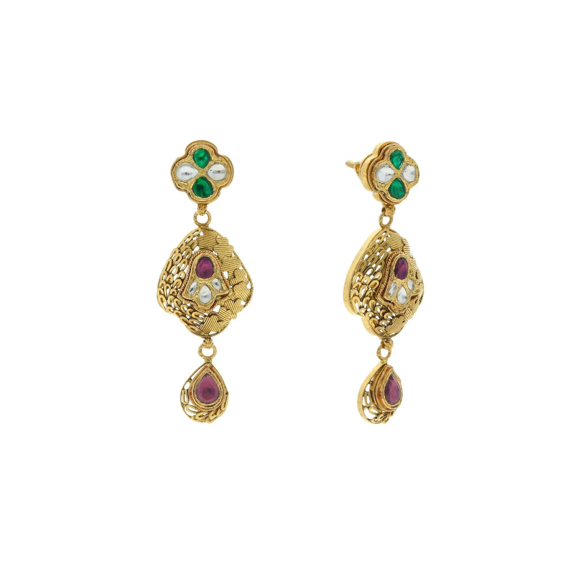 22K Yellow Gold Exquisite Hanging Earrings Finished W/ Kundan, 16.7 grams