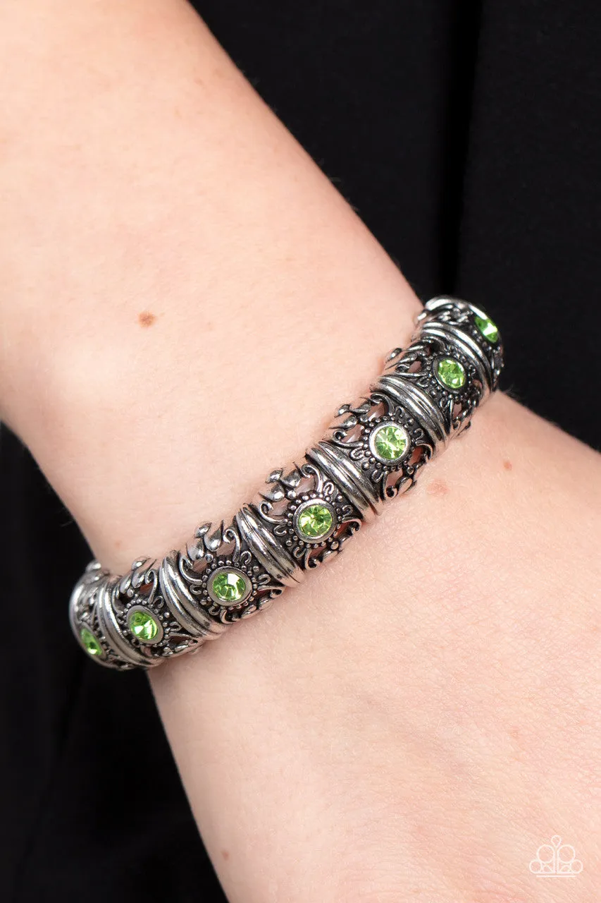 Ageless Glow - Green - Floral Rhinestone Paparazzi Stretchy Bracelet