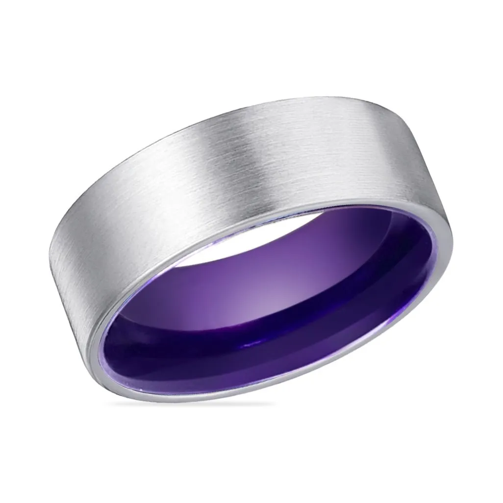 ANEMONE | Purple Ring, Silver Tungsten Ring, Brushed, Flat