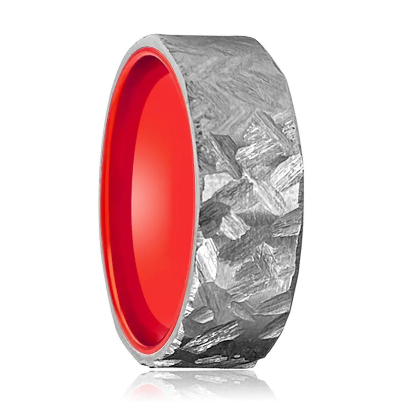 AUTUMN | Red Ring, Silver Titanium Ring, Hammered, Flat