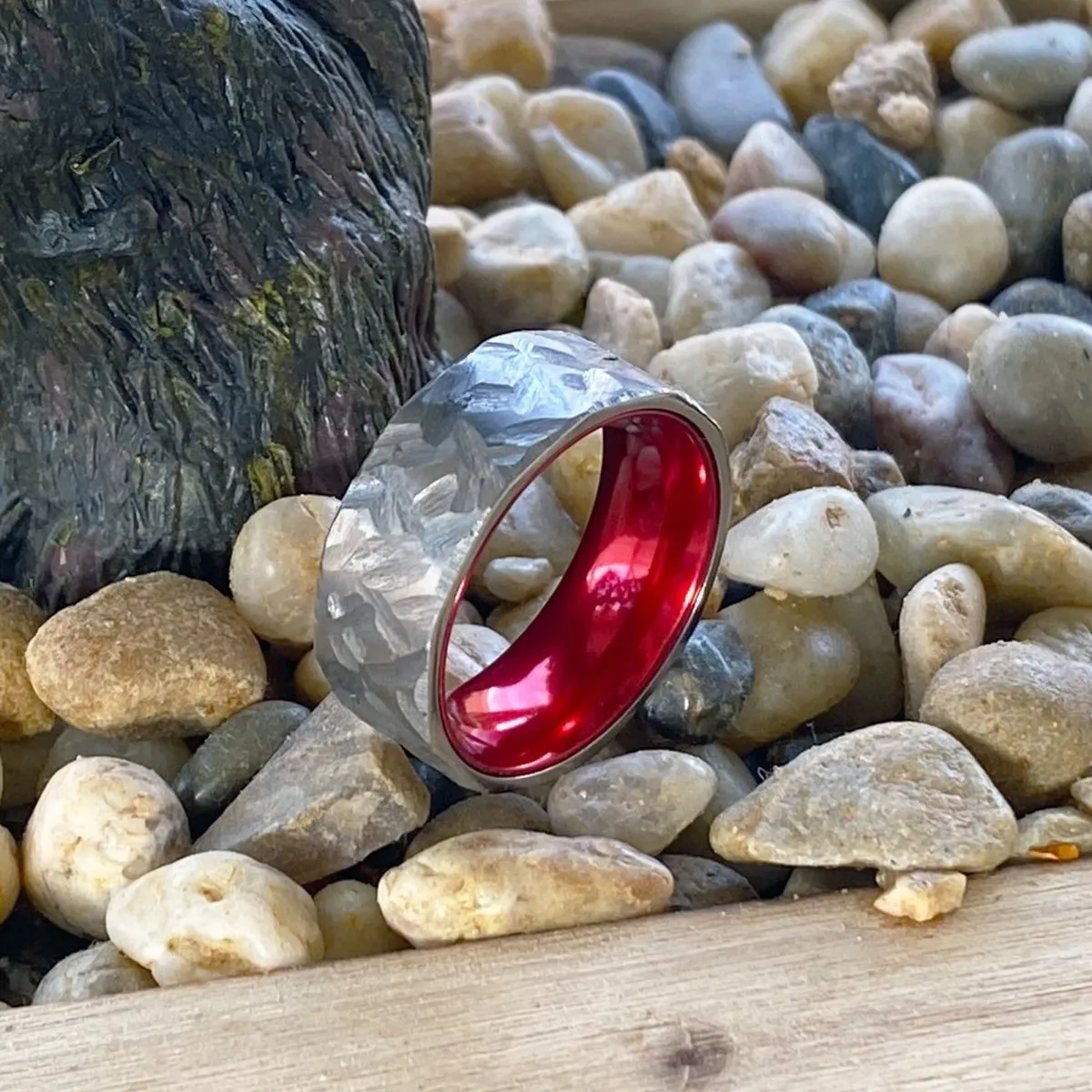 AUTUMN | Red Ring, Silver Titanium Ring, Hammered, Flat