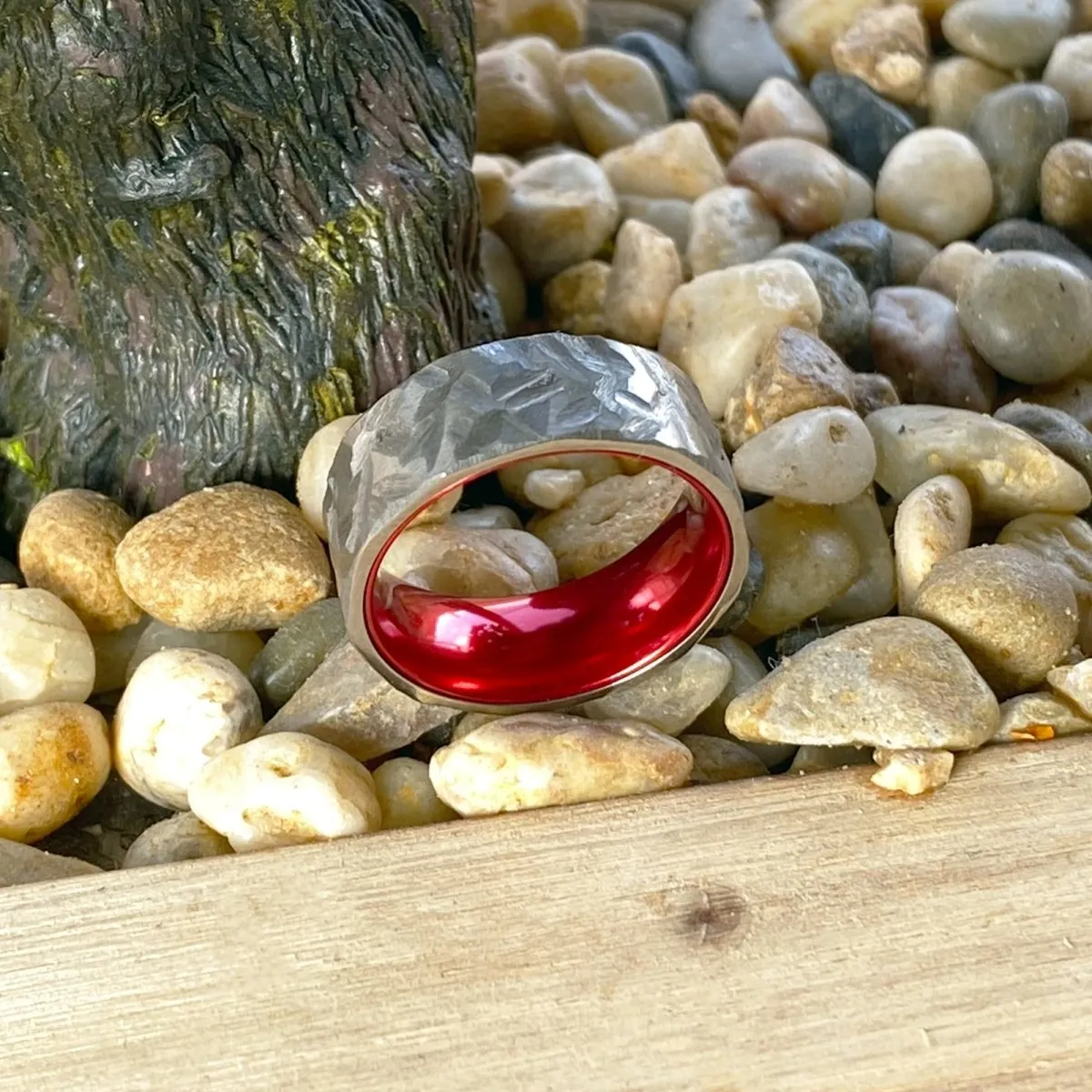 AUTUMN | Red Ring, Silver Titanium Ring, Hammered, Flat