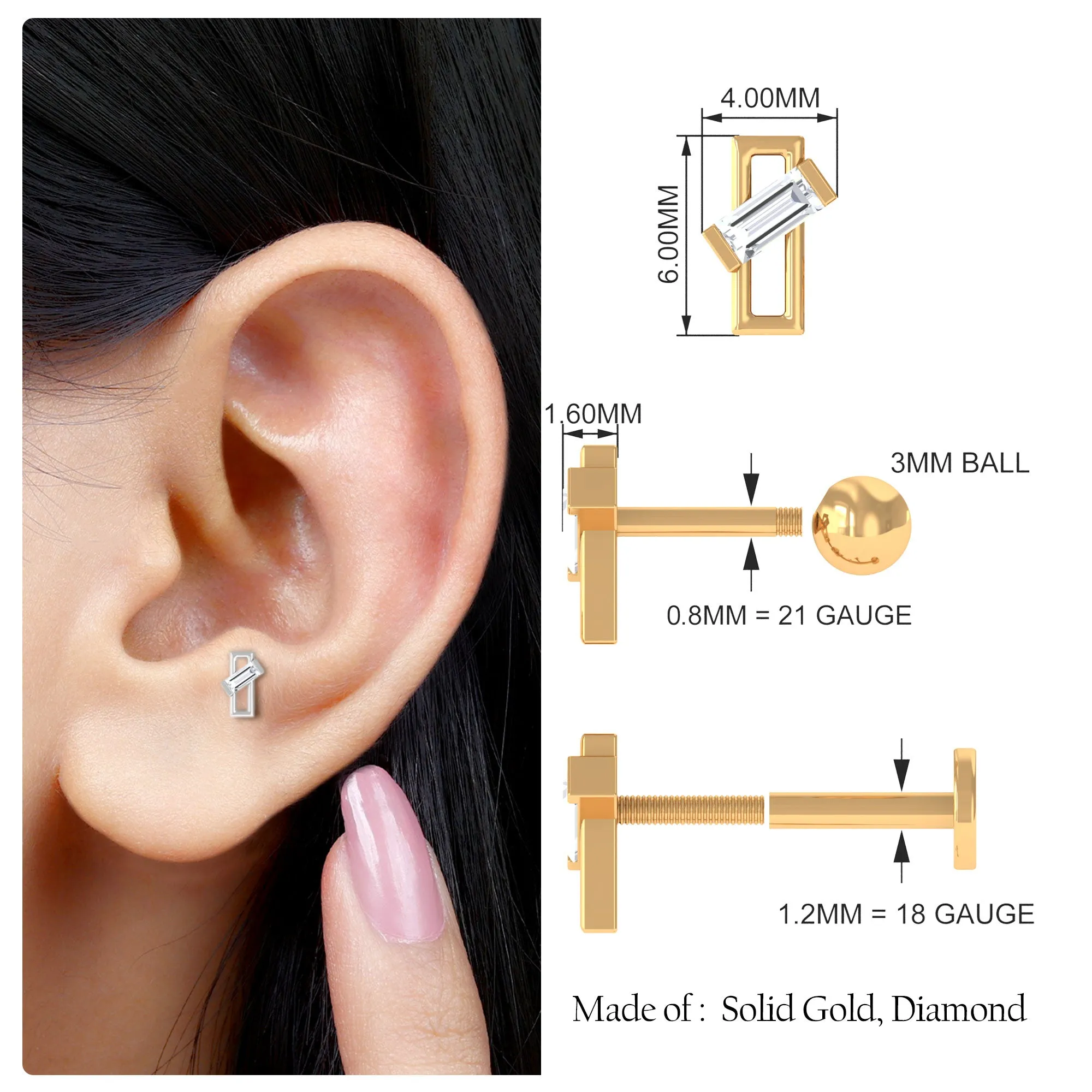 Baguette Diamond Minimal Tragus Earring in Bar Setting