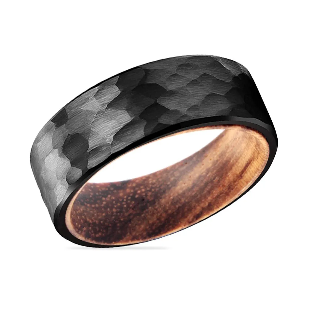 BENDTAIL | Zebra Wood, Black Tungsten Ring, Hammered, Flat