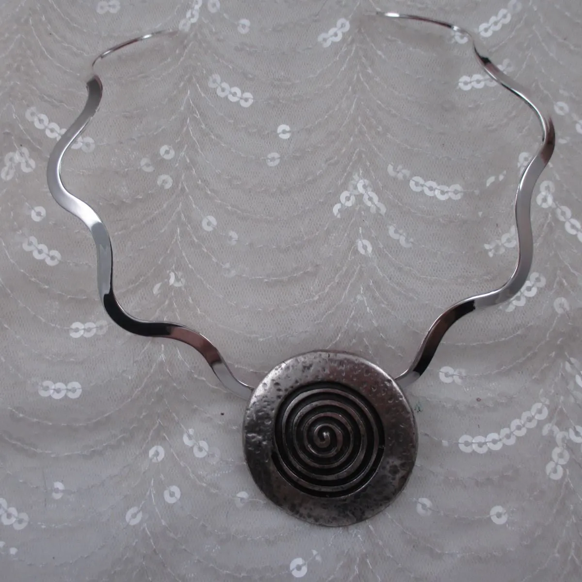 Big Bold Antique Silver Spiral Round Pendant Choker  Wavy Neck Ring