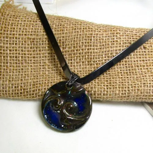 Big Bold Cobalt Blue Handmade Pendant Necklace Raku Gunmetal Neck Wire