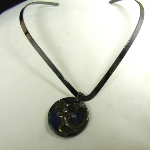 Big Bold Cobalt Blue Handmade Pendant Necklace Raku Gunmetal Neck Wire