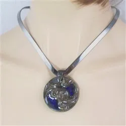 Big Bold Cobalt Blue Handmade Pendant Necklace Raku Gunmetal Neck Wire