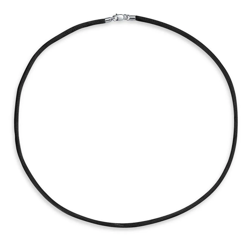 Black Satin Silk Cord Necklace Silver Plated 18 Inch