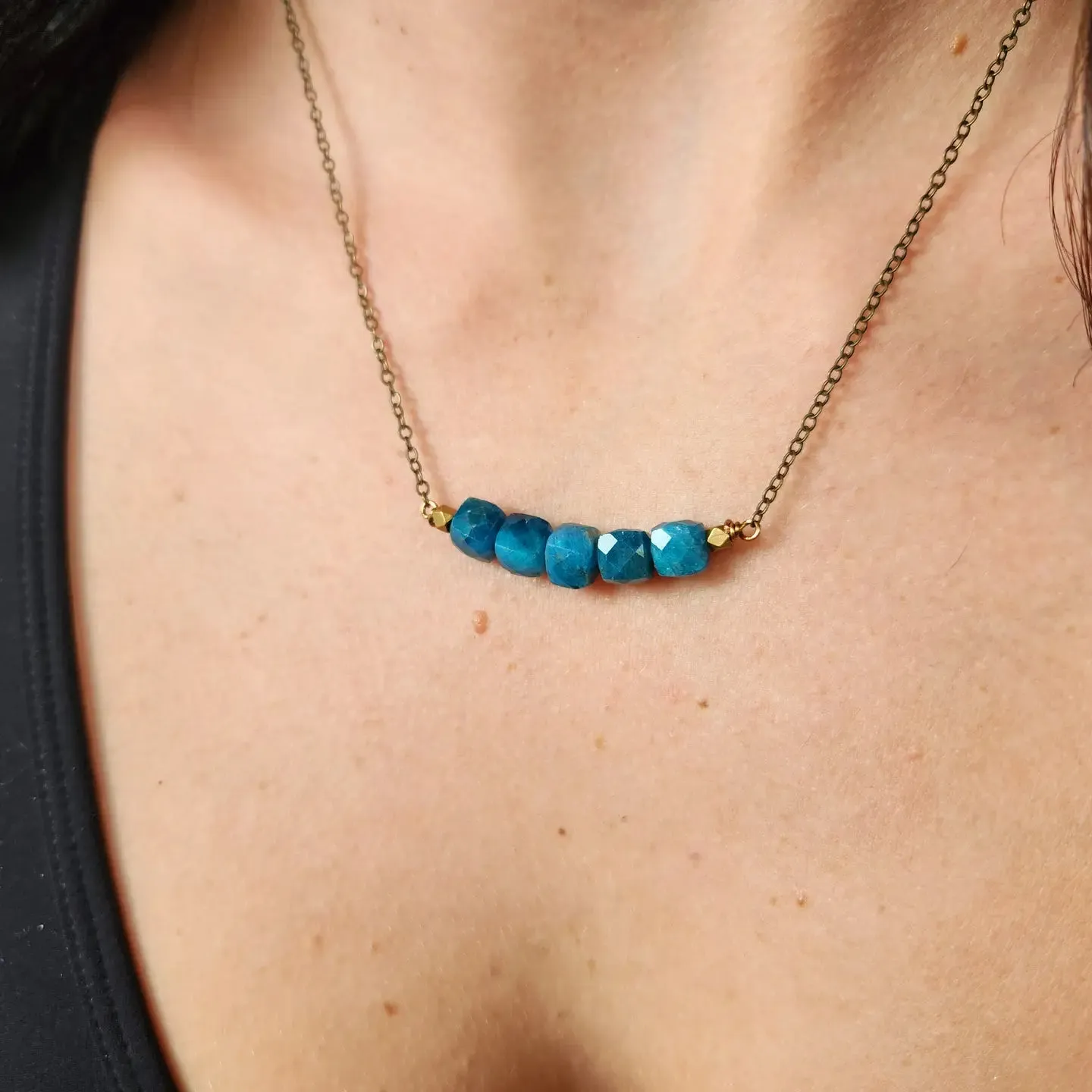 Blue Green Apatite Boho Cube Stone Arc Necklace