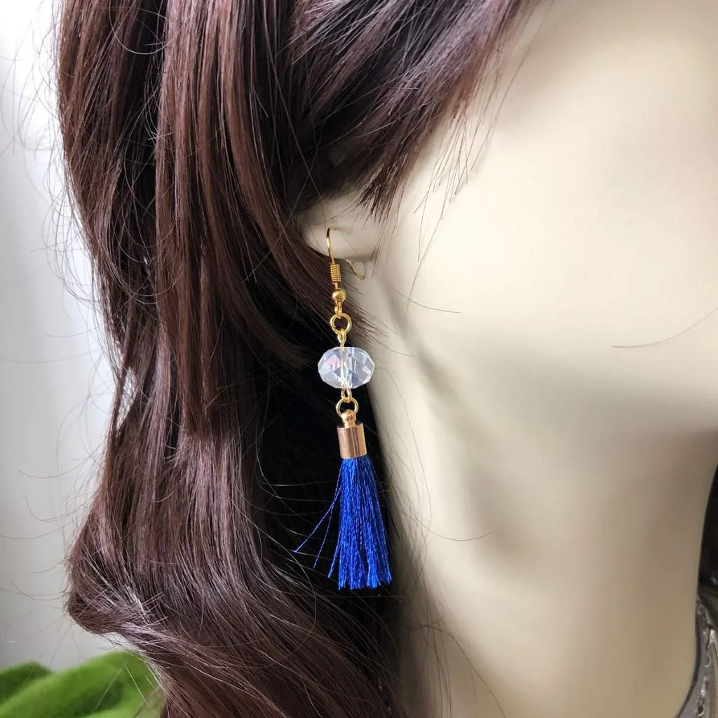 Blue Tassel and Clear Crystal Dangle Earrings