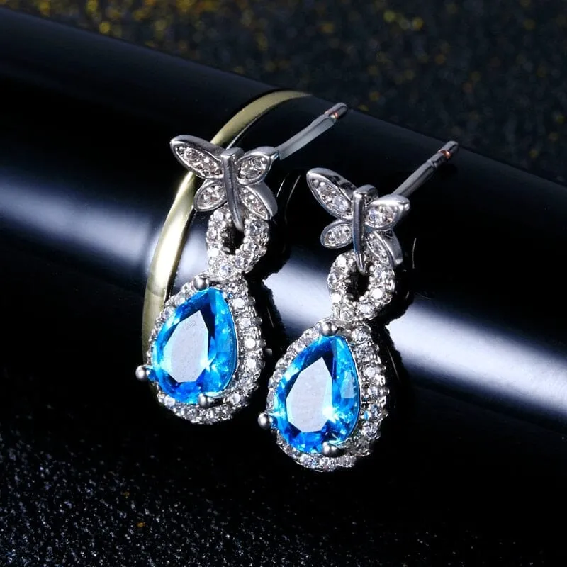 Butterfly Aquamarine Drop Earrings - 925 Sterling Silver