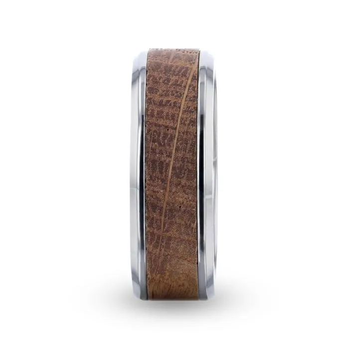 CASK | Silver Titanium Ring, Whiskey Barrel Wood Inlay, Beveled