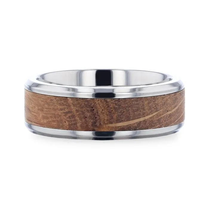 CASK | Silver Titanium Ring, Whiskey Barrel Wood Inlay, Beveled