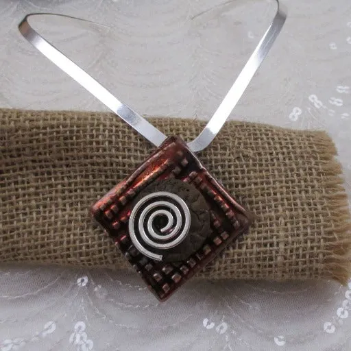 Choker Handmade Rich Brown Raku Pendant  Silver Neck Wire