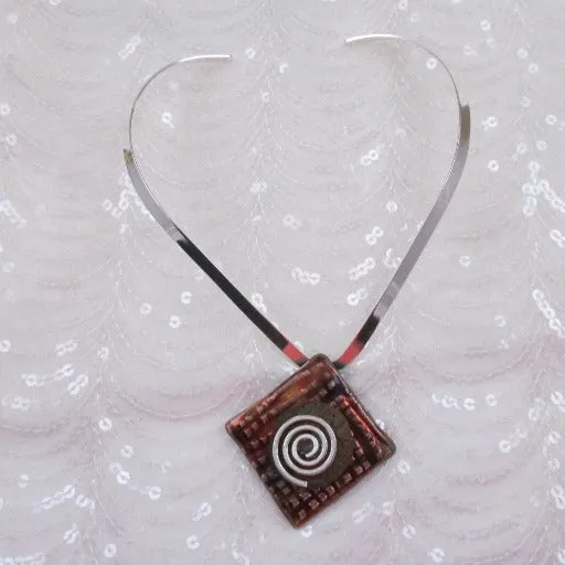 Choker Handmade Rich Brown Raku Pendant  Silver Neck Wire