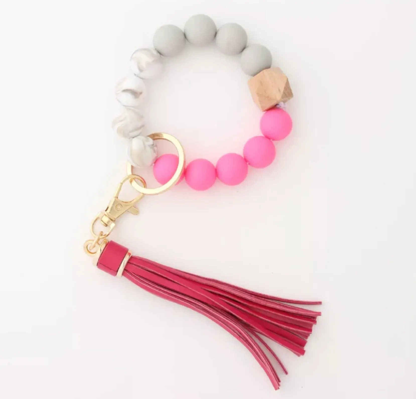 Chunky Beaded Keychain Keyring Bracelet with Tassel