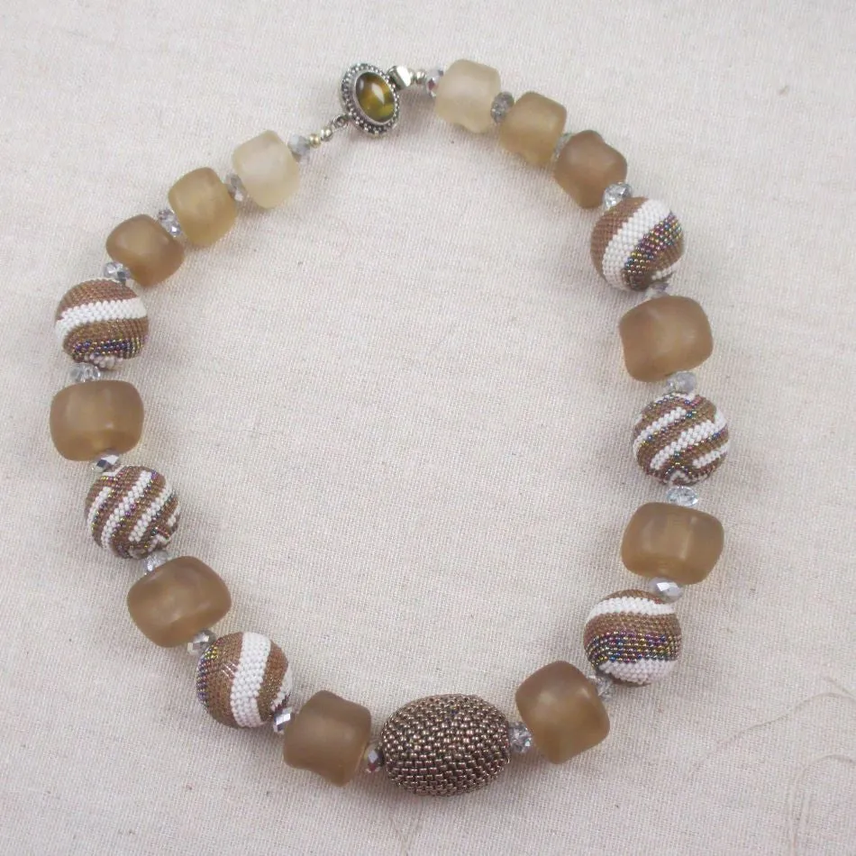 Chunky Beige and White Beaded Bead Designer Necklace