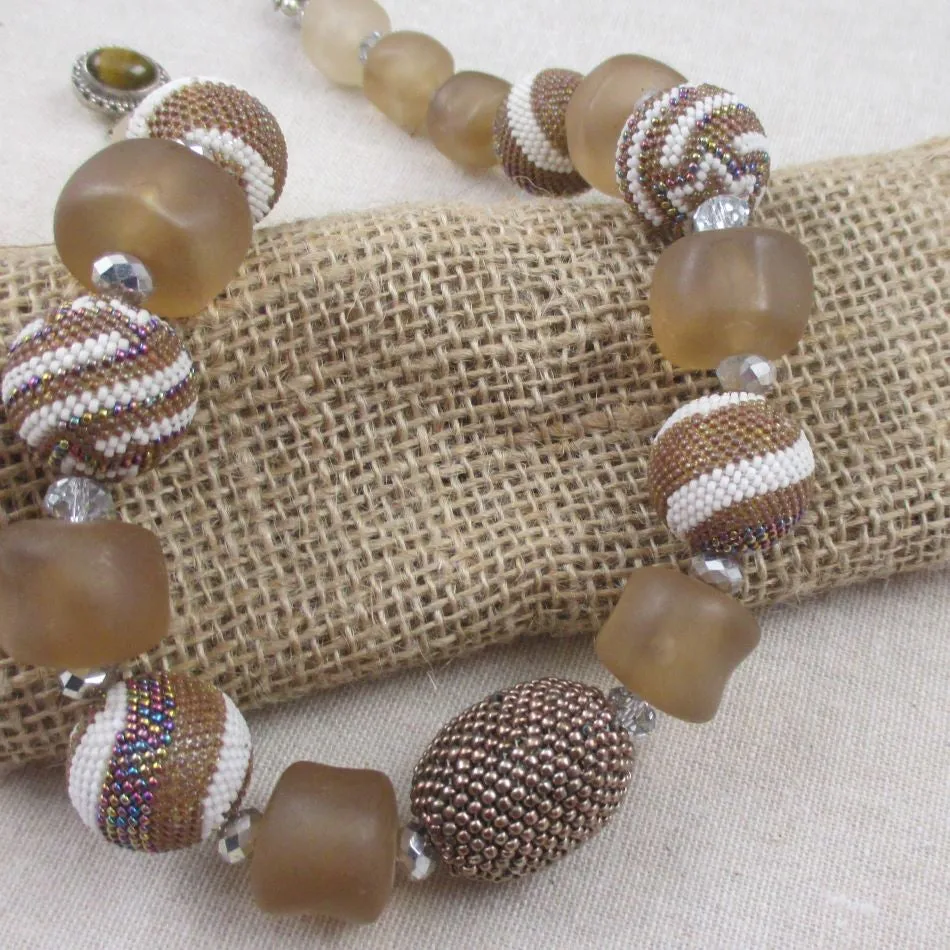 Chunky Beige and White Beaded Bead Designer Necklace