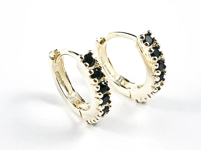 Classic Thin Single Row Black CZ Gold Tone Huggie Silver Earrings