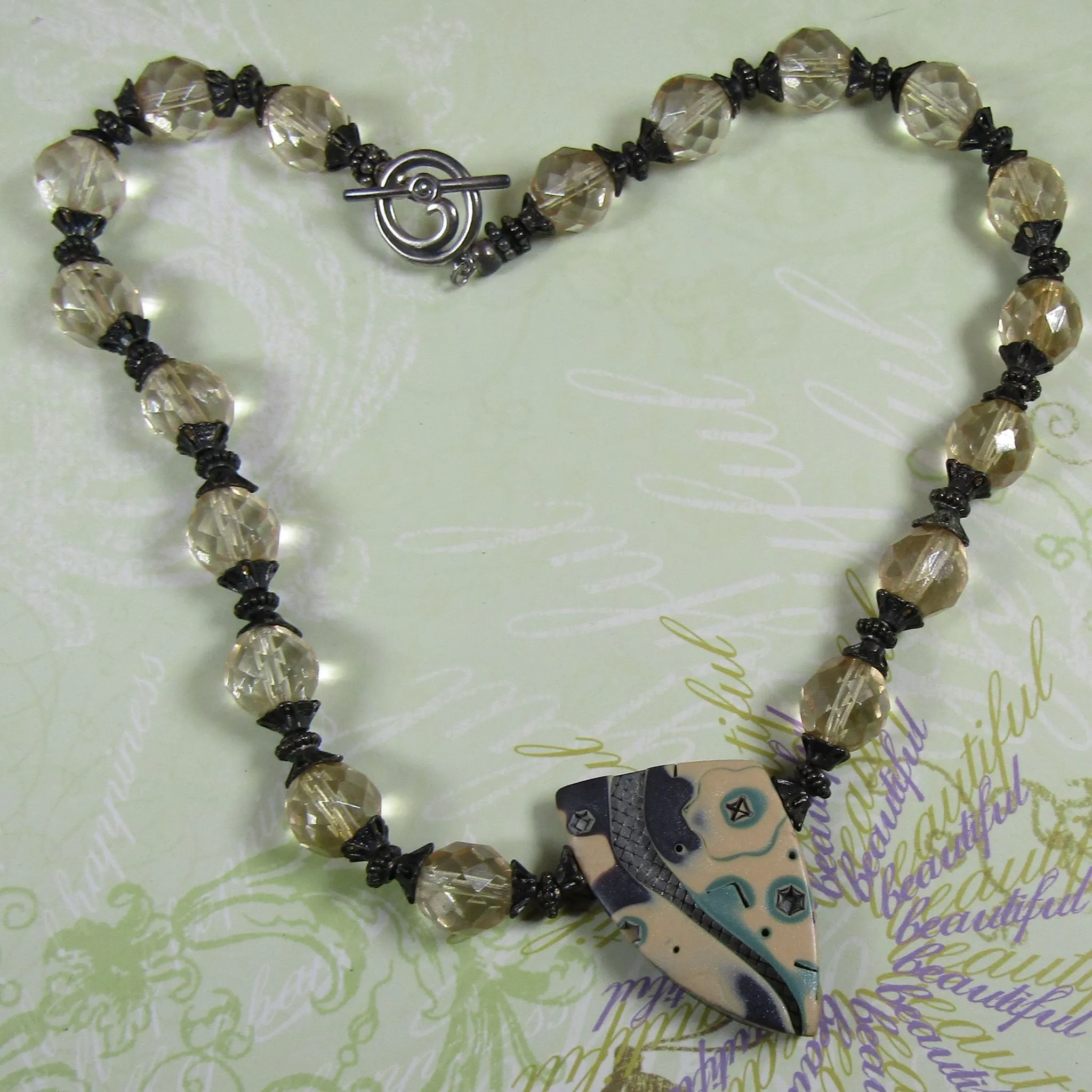 Crystal Bead Beaded Necklace with Handmade Polymer Clay Focus