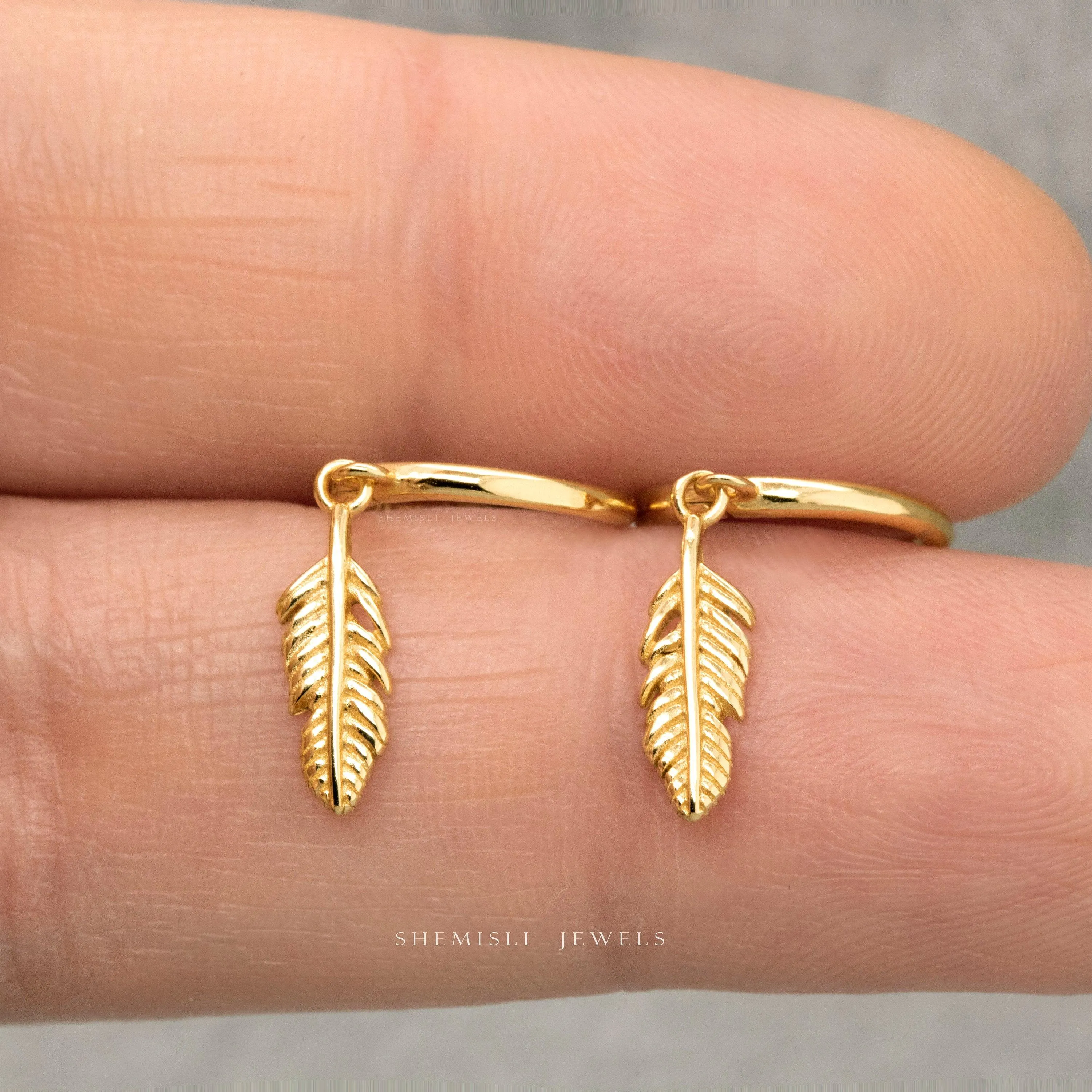 Dainty Feather Hoop Earrings, Huggies, Gold, Silver SHEMISLI SH240 LR