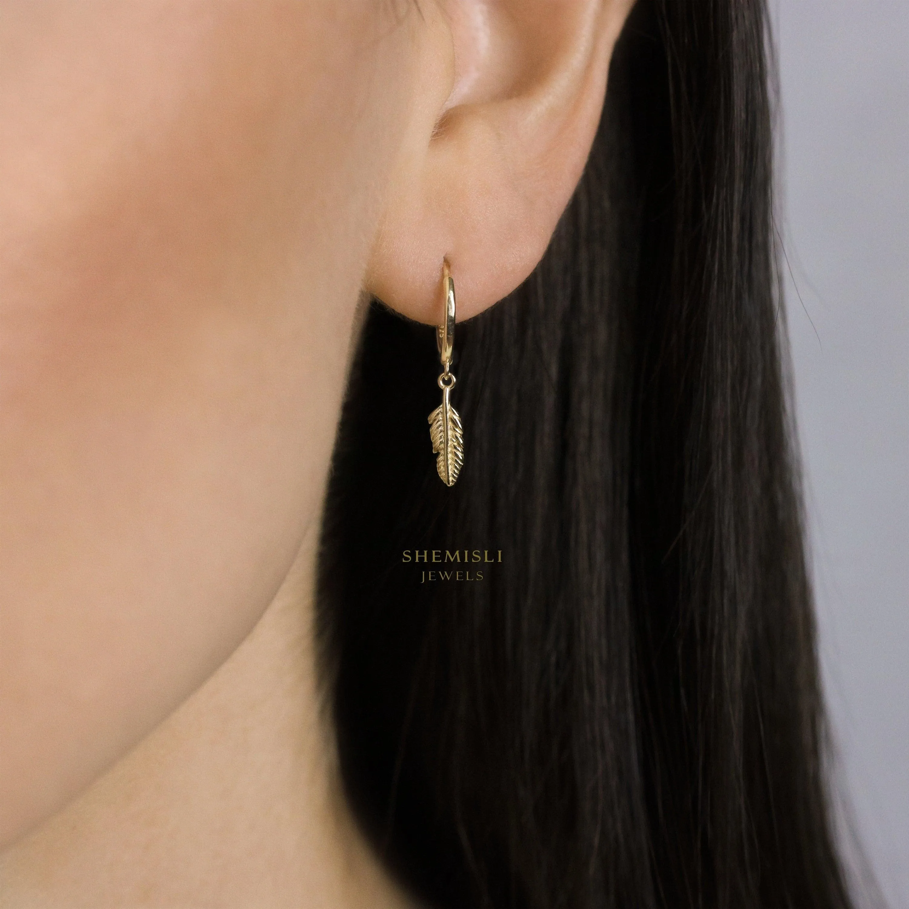 Dainty Feather Hoop Earrings, Huggies, Gold, Silver SHEMISLI SH240 LR