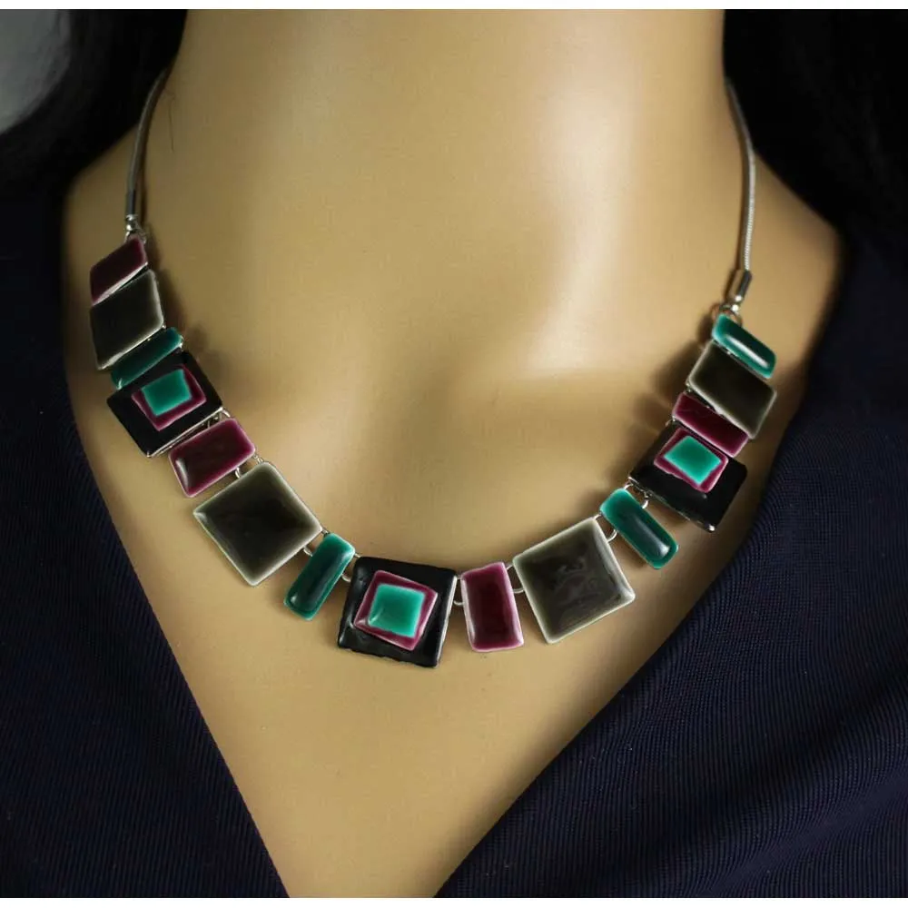 Dark Brown, Teal and Purple Enamel Squares Necklace - FN321