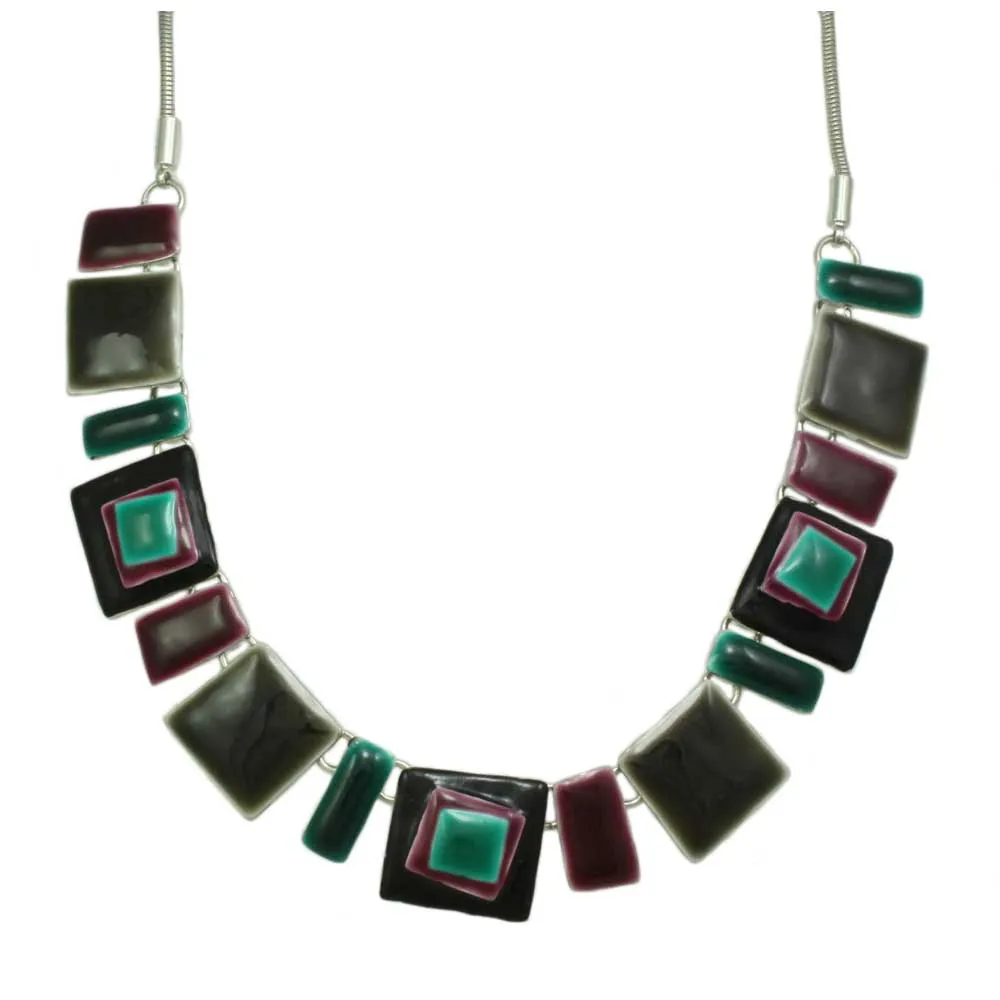 Dark Brown, Teal and Purple Enamel Squares Necklace - FN321