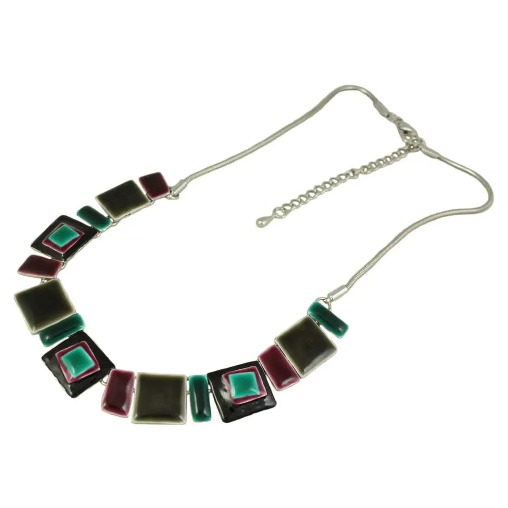 Dark Brown, Teal and Purple Enamel Squares Necklace - FN321