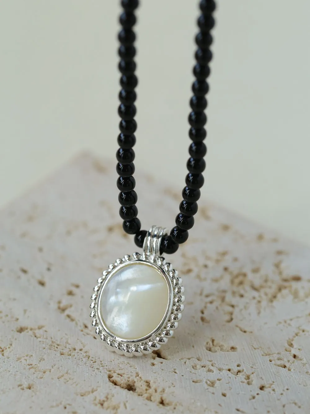 Dark Night Black Onyx Mirror White Mother of Pearl Pendant Beaded Necklace