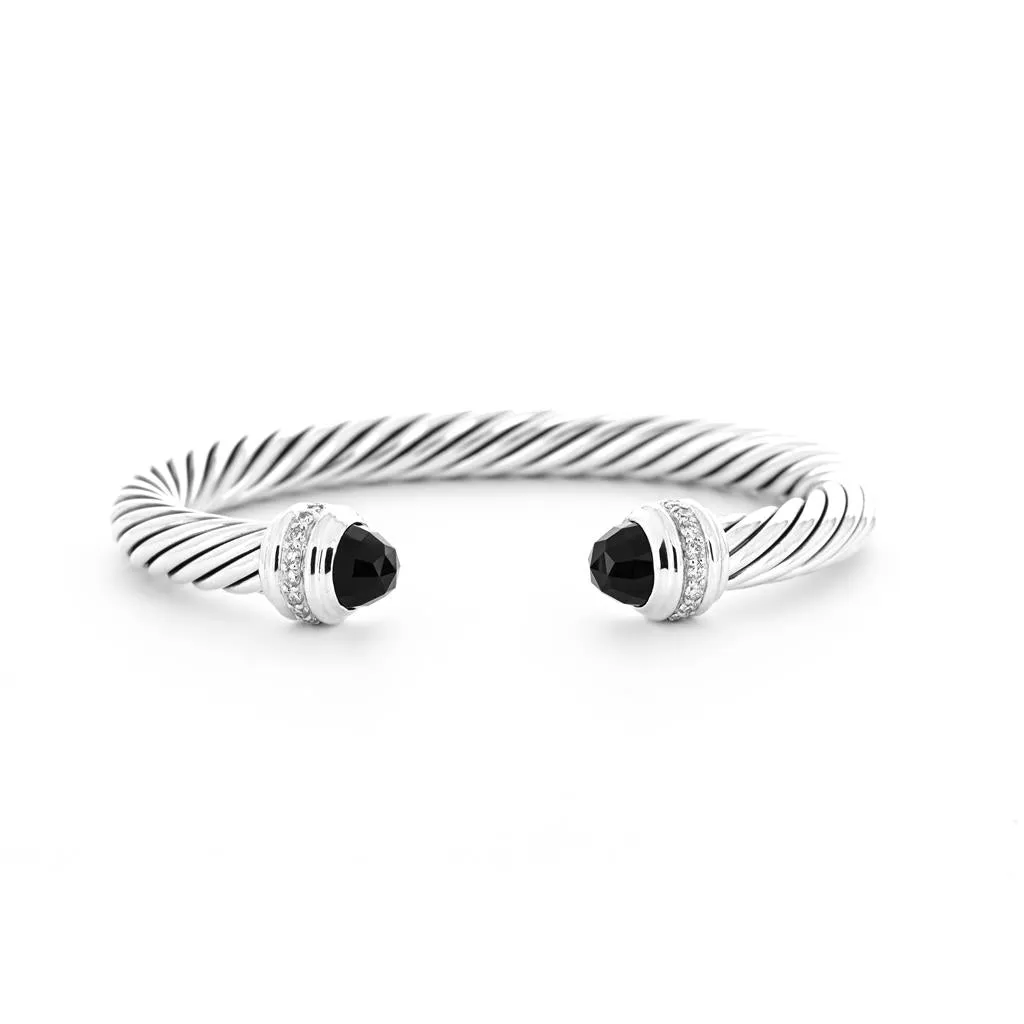 David Yurman 0.41ctw Classic Cable Diamond Cuff Bracelet, Black Onyx - 925 Sterling Silver