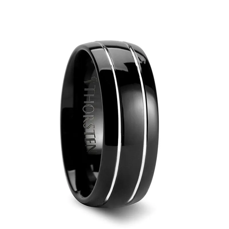 ECLIPSE | Black Tungsten Ring, Two Silver Grooves, Domed