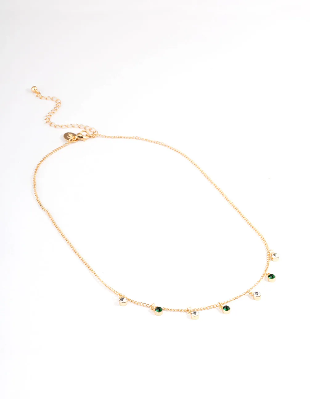 Gold Diamante Green Stone Droplet Necklace