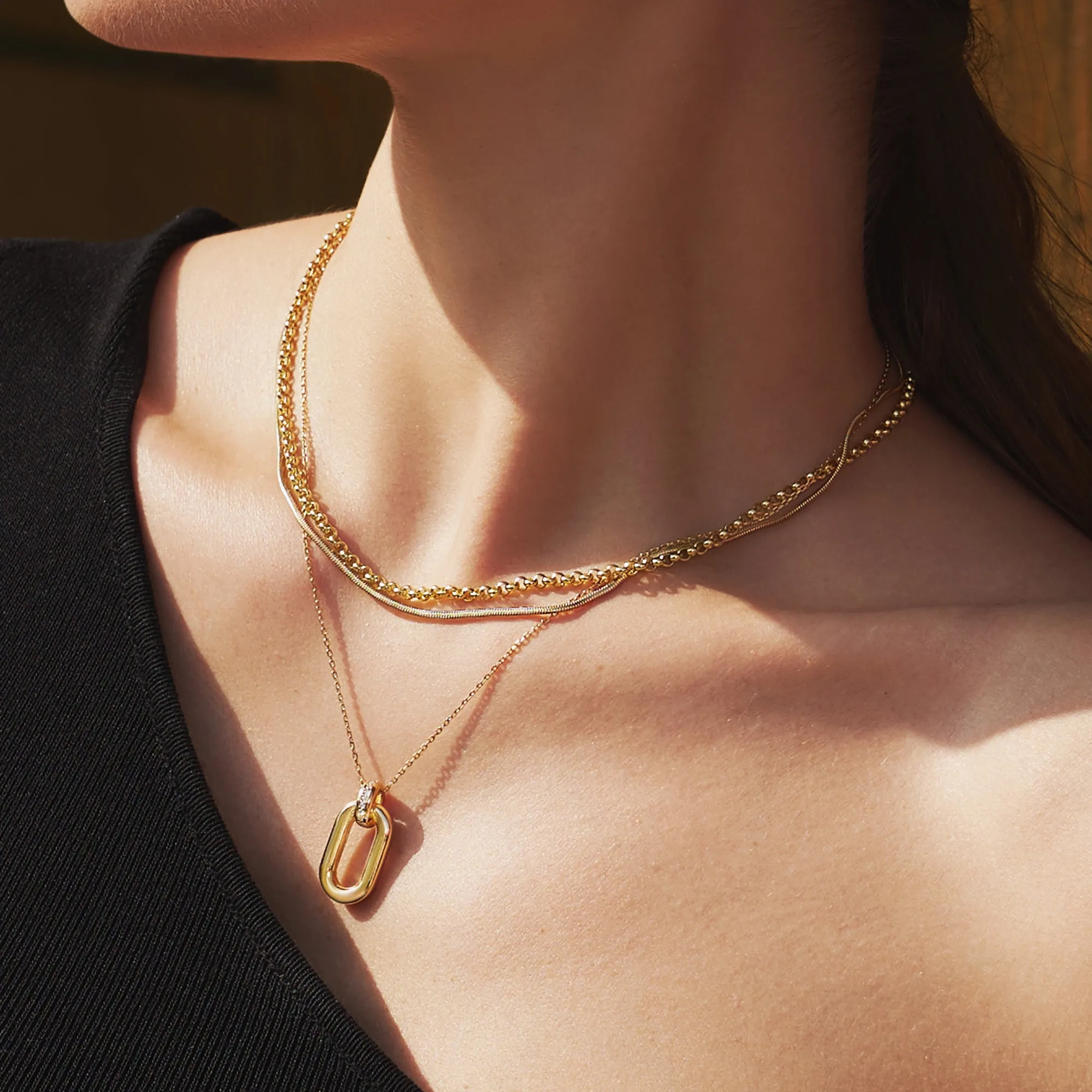 Gold Oval Hoop Pendant Necklace