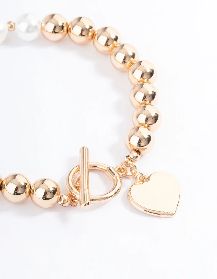 Gold Pearl & Bead Heart Bracelet