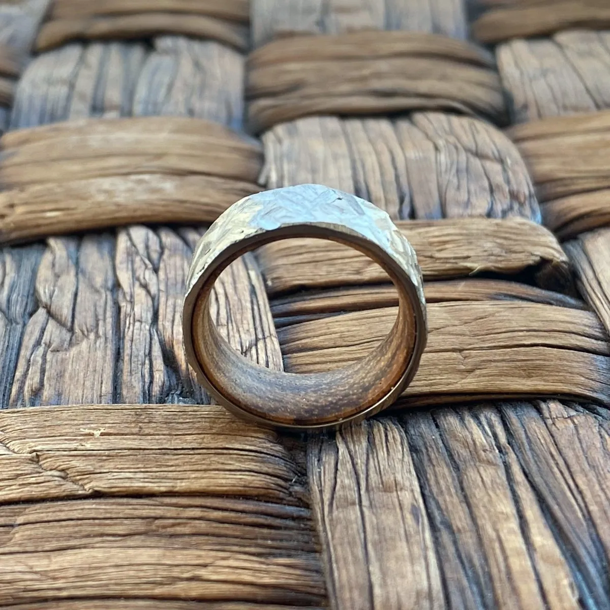 HAMIL | Zebra Wood, Silver Titanium Ring, Hammered, Flat