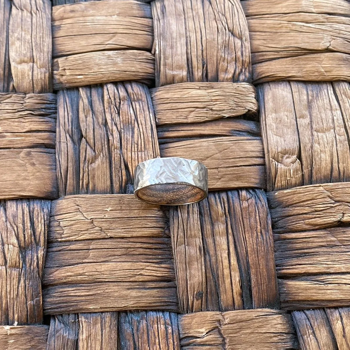 HAMIL | Zebra Wood, Silver Titanium Ring, Hammered, Flat